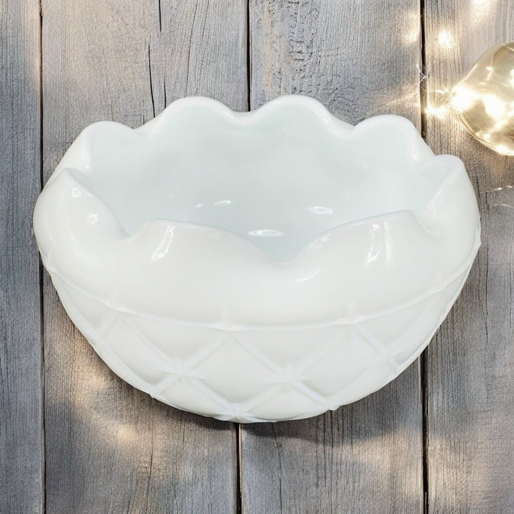 1970S Indiana Glass Milk Glass Quilted Duette Crimped Edges White Dish Bowl VTG